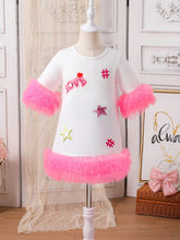 Girls' Daily Wear White Dress With Printed Hem And Cuffs, Multiple Mesh Inserts At Hem, Summer